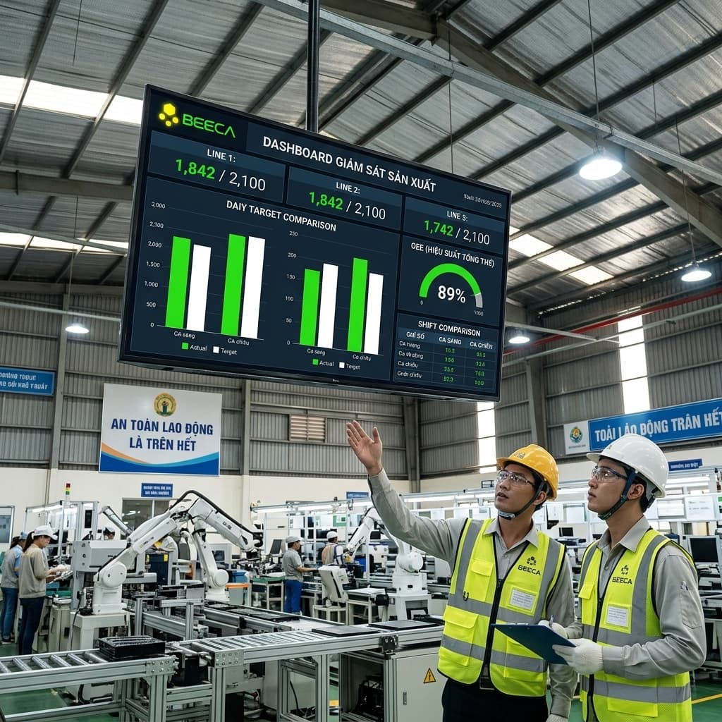 Máy nào đang chạy, máy nào dừng, hiệu suất bao nhiêu %