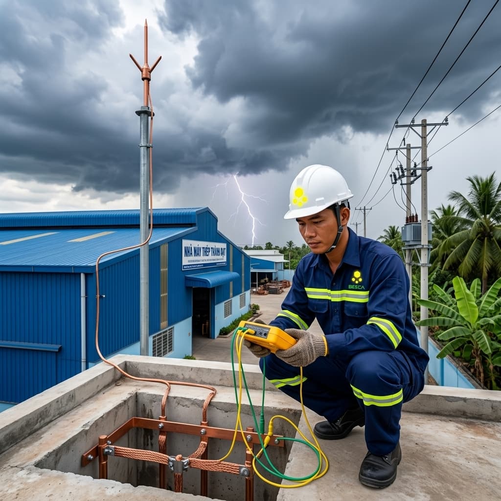 Thi công hệ thống chống sét nhà xưởng tại Huế - kim thu sét ESE, tiếp đất