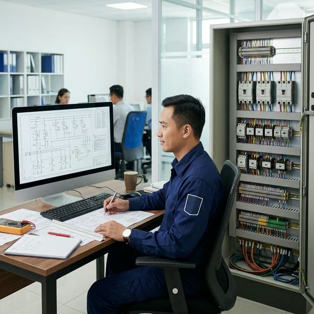 Tủ điện công nghiệp BeeCa đã hoàn thiện, cửa mở, bên trong gọn gàng