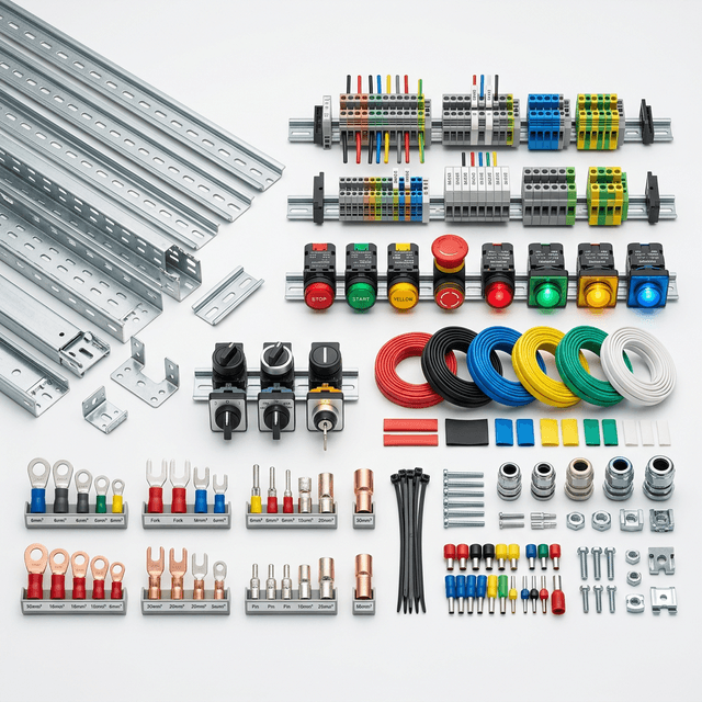 Phụ kiện tủ điện - đầu cốt, máng cáp, thanh ray DIN, nút nhấn