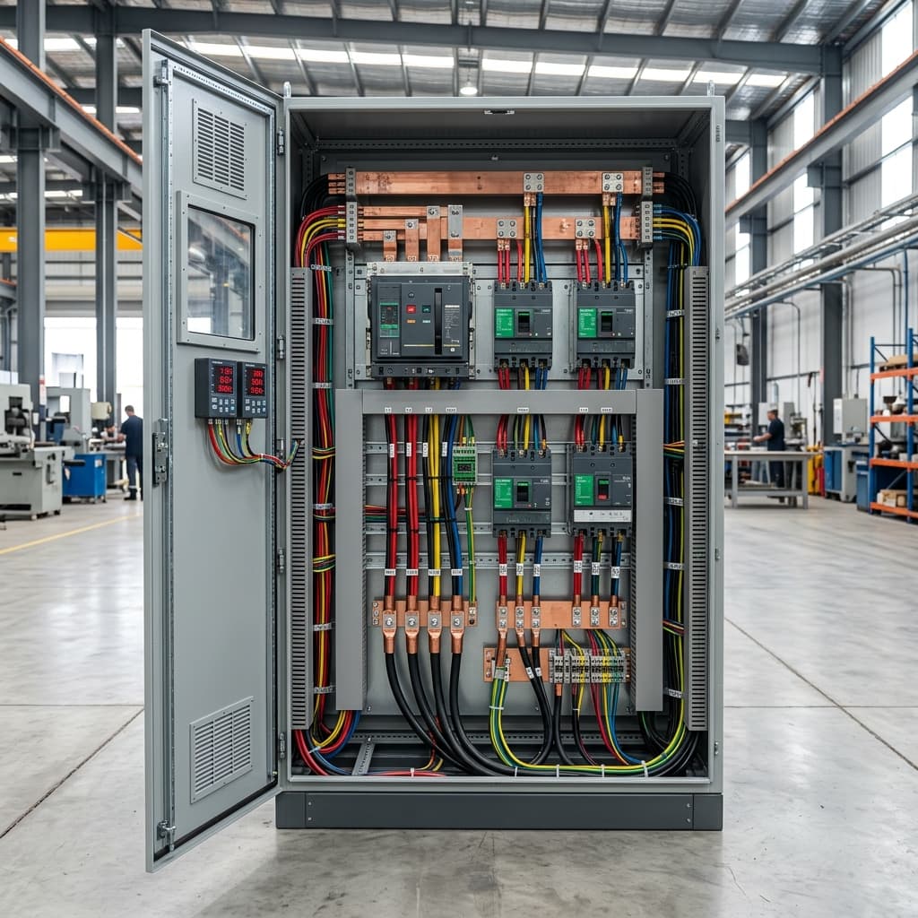 Tủ phân phối tổng MSB BeeCa - cửa mở, bên trong gọn gàng với ACB và MCCB