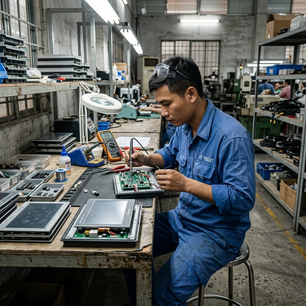 Kỹ sư BeeCa sửa chữa màn hình HMI cảm ứng công nghiệp tại Huế