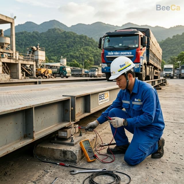 Kỹ thuật viên BeeCa đang sửa chữa cân ô tô 80 tấn tại Huế