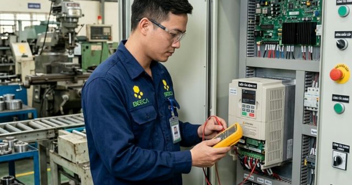 Kỹ thuật viên sửa chữa biến tần tại xưởng BeeCa